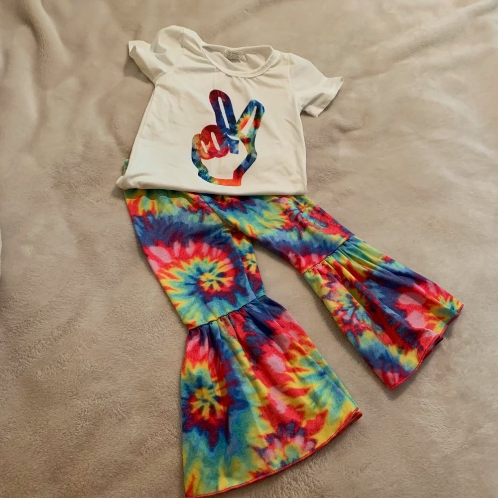 Two Piece Boho Tie Dye Bell Bottoms and Peace Sign Tee Size 6-12 Months